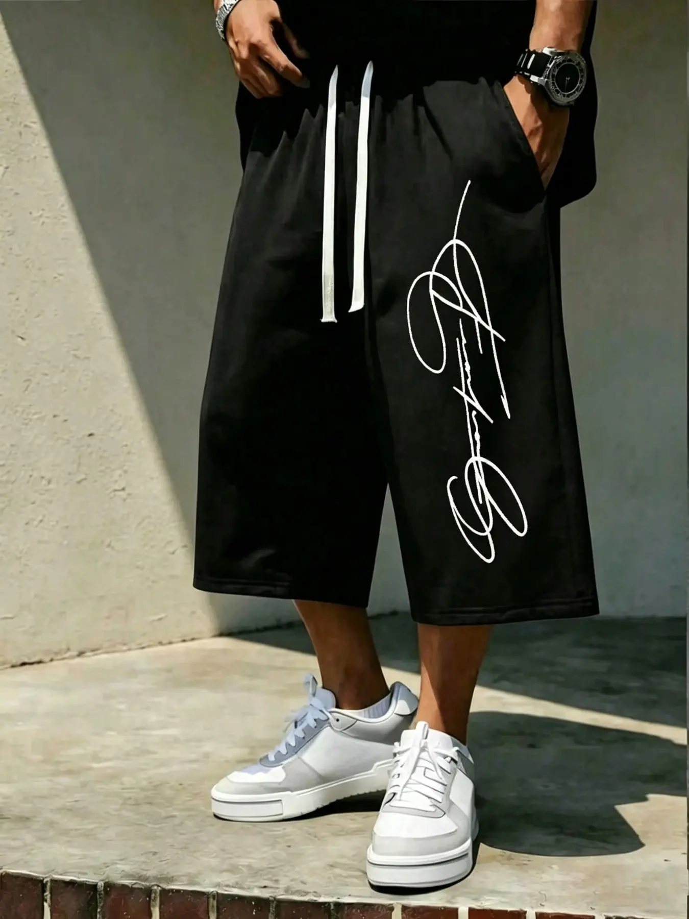 Men's Trendy Capri Shorts, Casual Three-Quarter Pants, Oversized, Retro Script Lettering Graphic Printed Wide Leg Drawstring Cropped Trousers, Streetwear, Y2K Grunge Aesthetic, Bottoms for Back to School