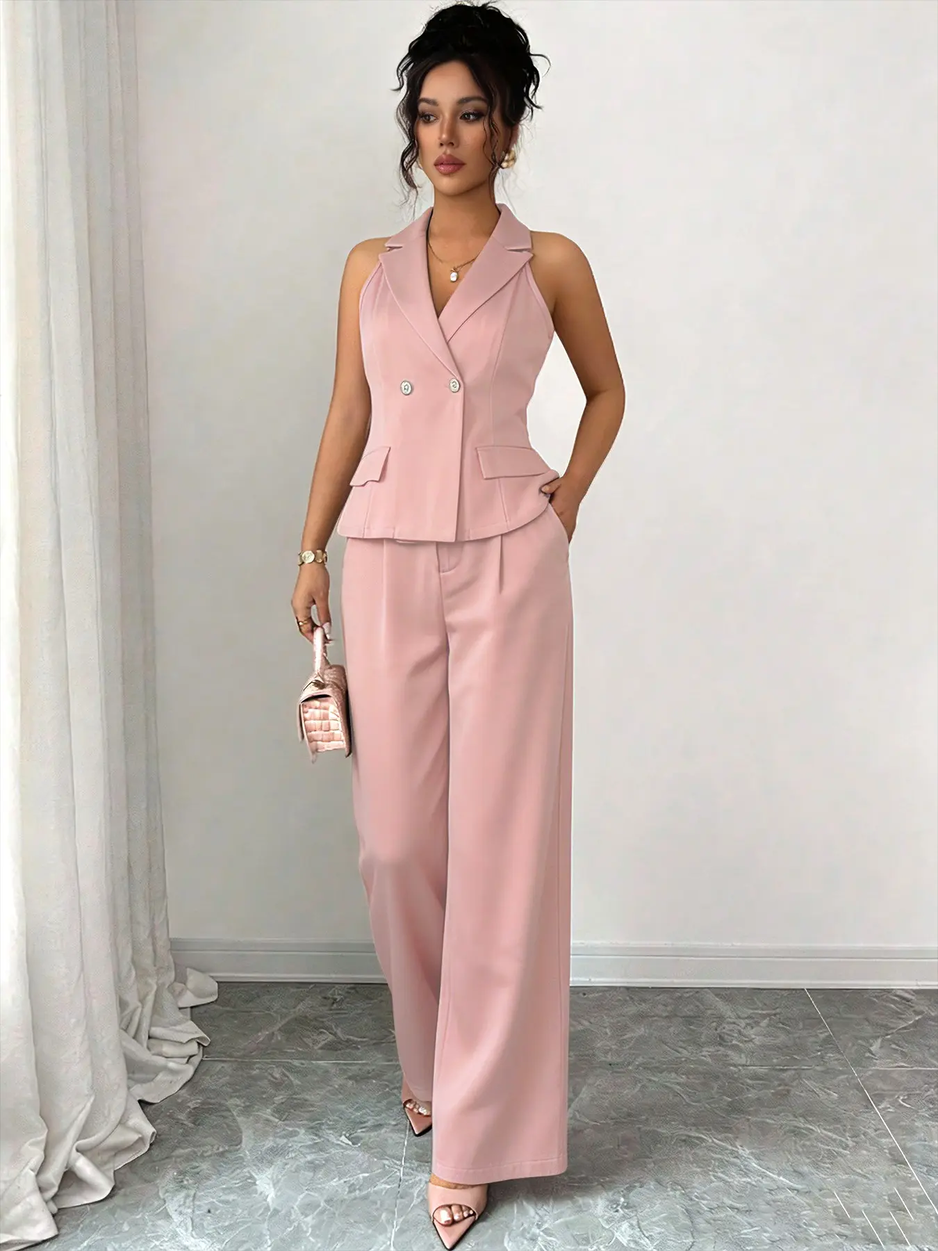 Women's Elegant Chic Minimalist Sleeveless Top and Pants Set, Business Commuter Style Suits, Fall Women Teacher, Professional Look for Daily Wear, Office Siren Outfits Girl