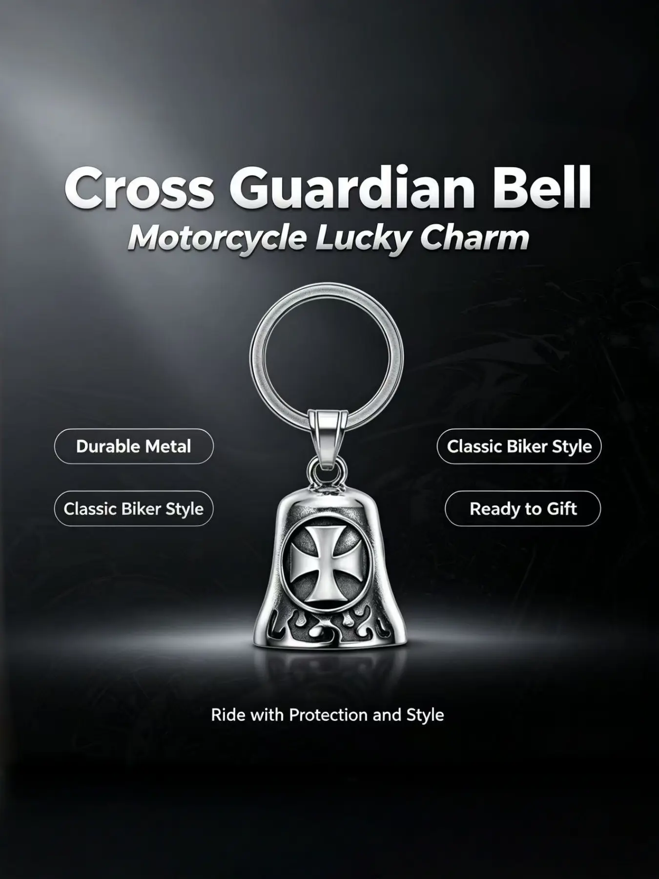 Vintage Cross Bell Keychain, Rider Lucky Charm, Fashionable Design, Stylish Accessory, Perfect Gift for Motorcycle Enthusiasts