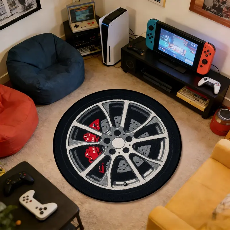 1pc Trendy Wheel Hub Rug 3D Printed Car Tire Pattern Carpet Game Enthusiast Bedroom Game Room Decor Anime Cartoon Funny Round Carpet Anti-slip Plush Soft Washable Rug Indoor Floor Mat Home Decor Characteristic Bedroom Gaming Room Decor, 2D Flat