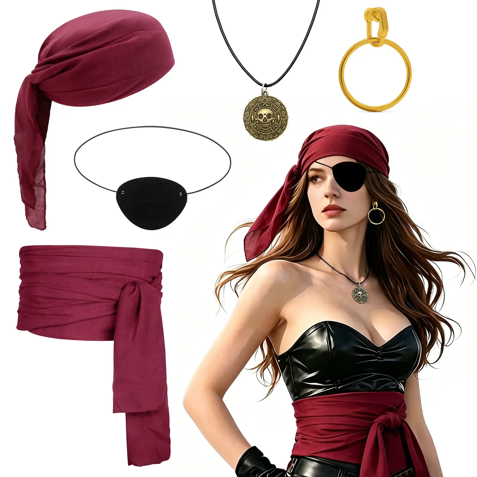 5-Piece Soft Fabric Pirate Cosplay Costume Set with Accessories, Lightweight Eye Patch, Bandana, Sash, 1 Size Pirate Look Complete Outfit for Halloween Parties