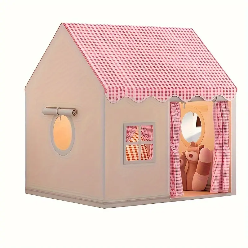PINK/Khaki 1 Indoor/ Outdoor Tent - Lovely Checked Cabin Style, Polyester, Perfect For Home Decor, Casual Entertainment. Perfect For Holiday Gifts, Holiday Decorations And Family Parties, Playful Design