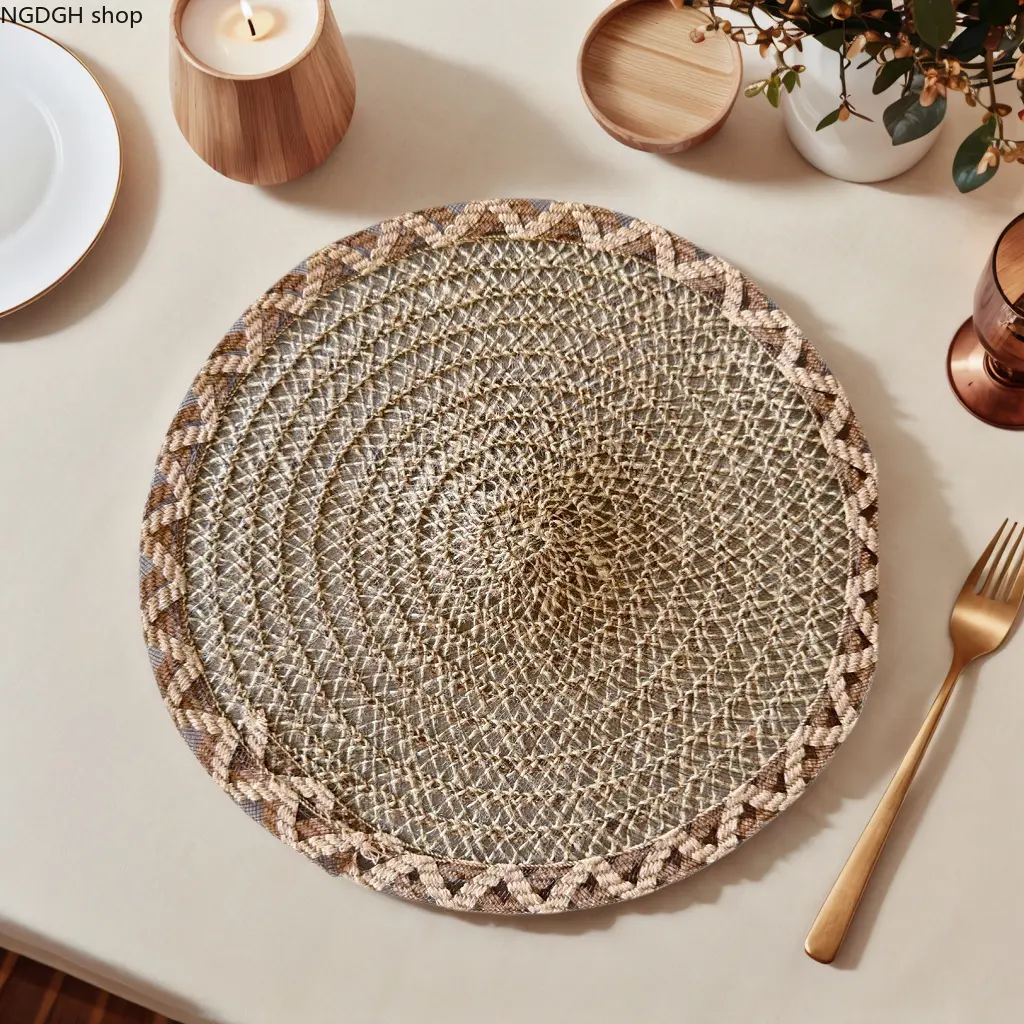 Round Shape Dining Mat Set - Woven Spiral, Braided Edge Jute Burlap Boho Kitchen Decor Accessory for Sports & Outdoor Use, Table Decor, Hollow Pattern 60223
