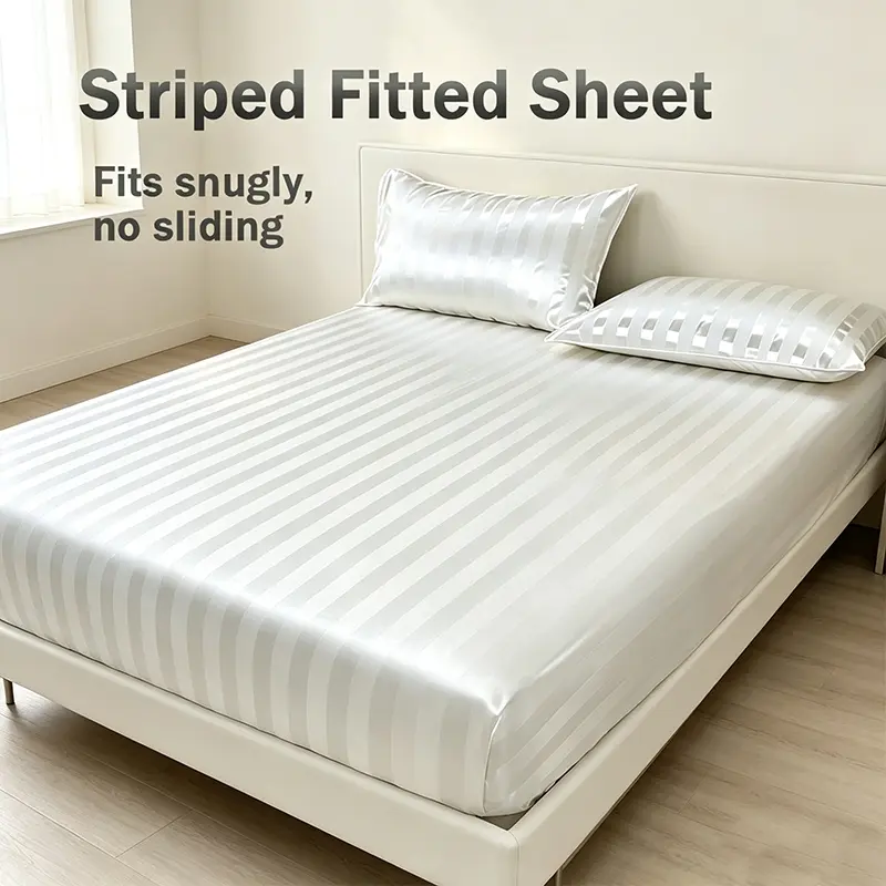 Luxury Gloss Vertical Stripe Satin Fitted Sheet Set, Soft Breathable Silky Material, Silky Fitted Sheets, Versatile Home Textile for Daily Relax and Housewarming Gift