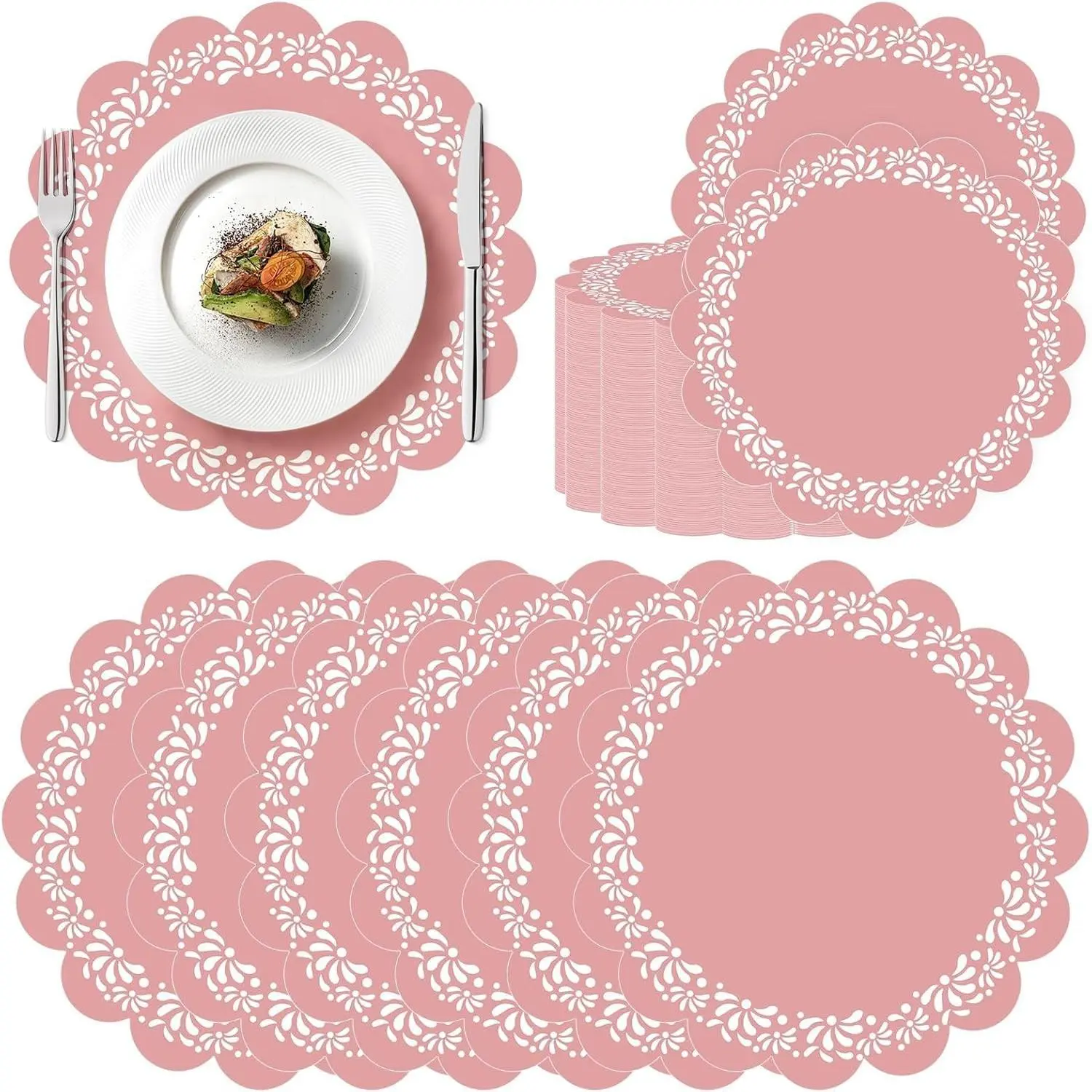 100 Pcs 13.5 Inches Pink Disposable Scalloped Paper Placemats for Cielito Lindo Mexican Fiesta Cinco De Mayo Baby Shower Party Decoration