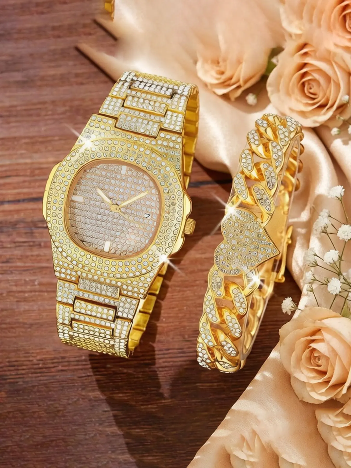 2pcs Fashion Diamond-encrusted Starry Sky Full Diamond Calendar Women's Watch Set Jewelry Sets