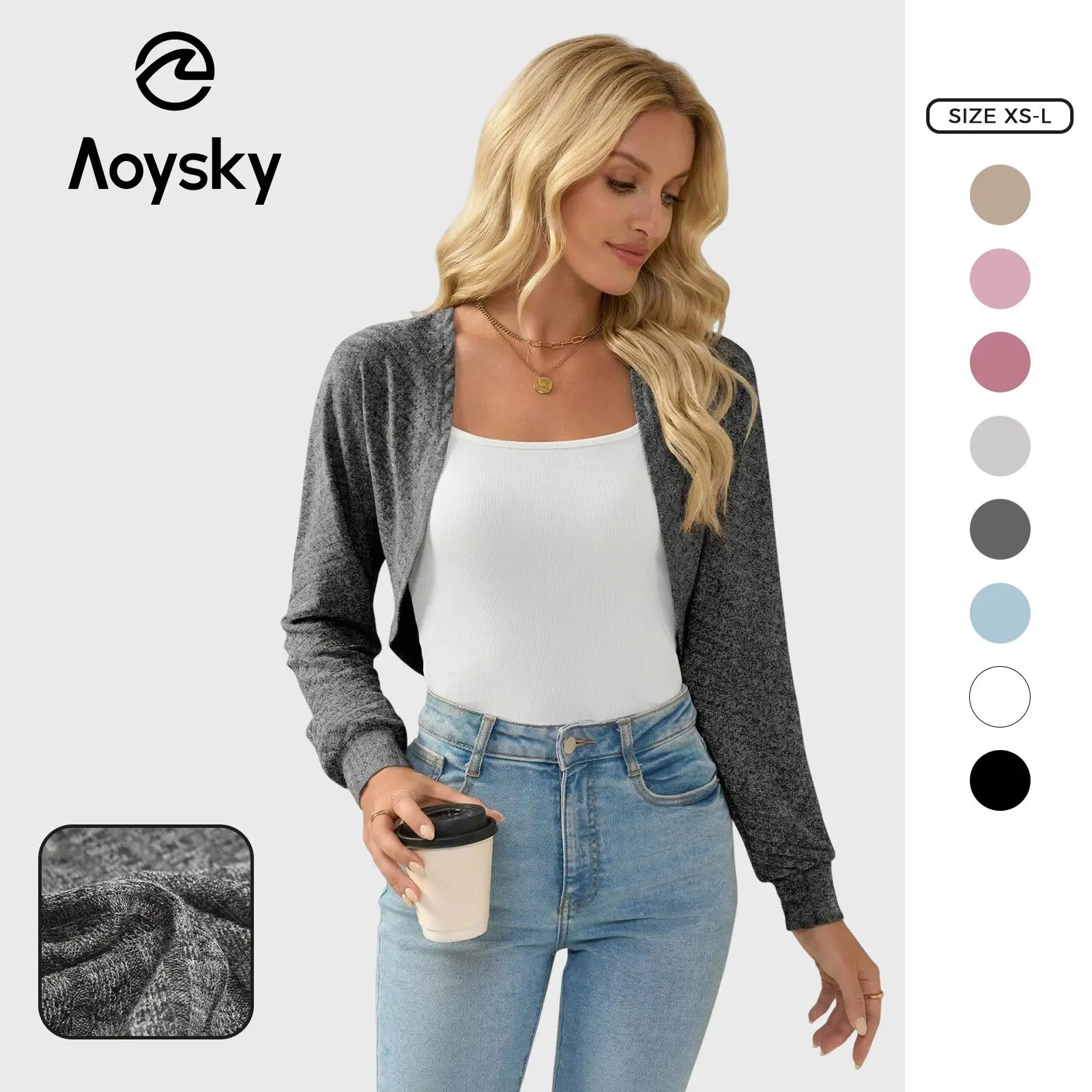 Aoysky Women's Minimalist Long-Sleeve Fitted Knit Cardigan - Collared Cropped Bolero Shrug Sweater, Longsleeves, Bolero Sweater, Drop Shoulder Sweater, Front Pocket