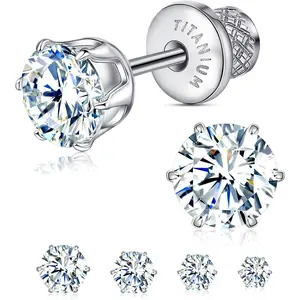 Titanium Flat  Earrings – 6 Prong White CZ Screw  Studs | Implant Grade Titanium for  Ears | Nickel-Free, -Free Sleep & Shower Wear | Stylish  for Women and Men