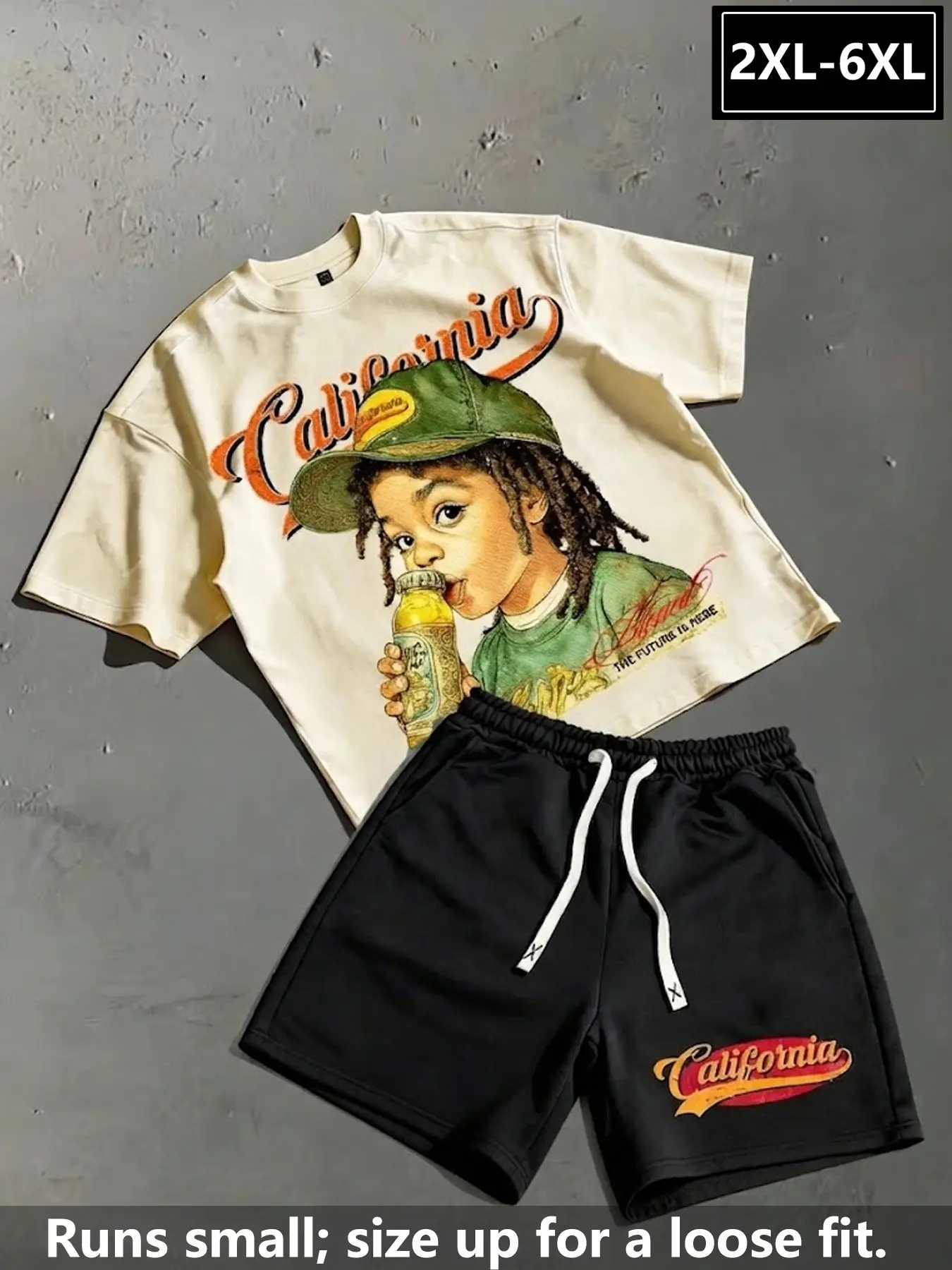 Large Size Men's California Hip-Hop Street Set, Vintage Boy Print Short T-Shirt and Drawstring Shorts, Loose Fit, Comfortable Fabric, 2xl-6xl