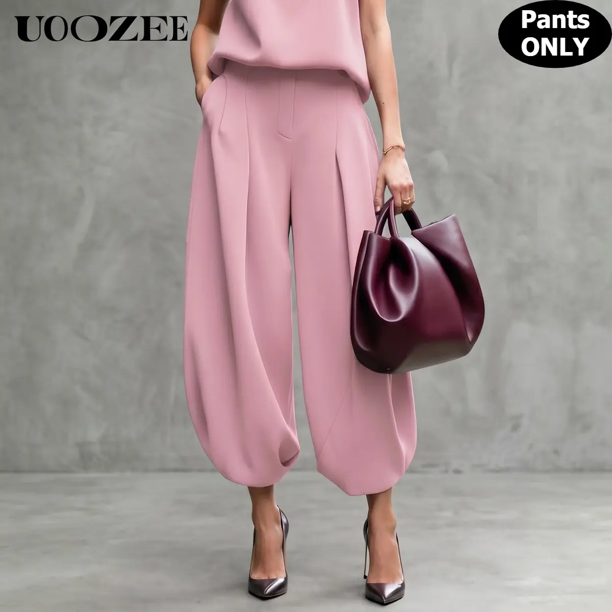 UOOZEE Women's High Waist Pleated Cropped Balloon Wide Leg Pants - Lightweight Cotton-Spandex-Rayon-Polyester Silky Pockets Trousers, Minimalist Smart Casual Office Bottoms for Spring Autumn (Matching Oversized Trench Coats Short Cocktail Option), Flowy P