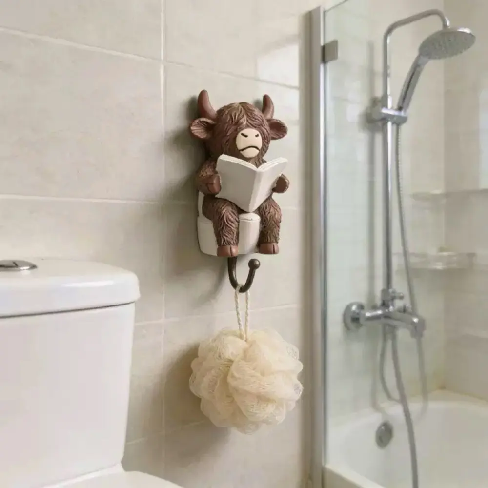 Creative Highland Cow No-Drill Hook, Cartoon Resin Wall Decor Hook, Bathroom Towel Holder, Key Organizer, Waterproof Strong Adhesive