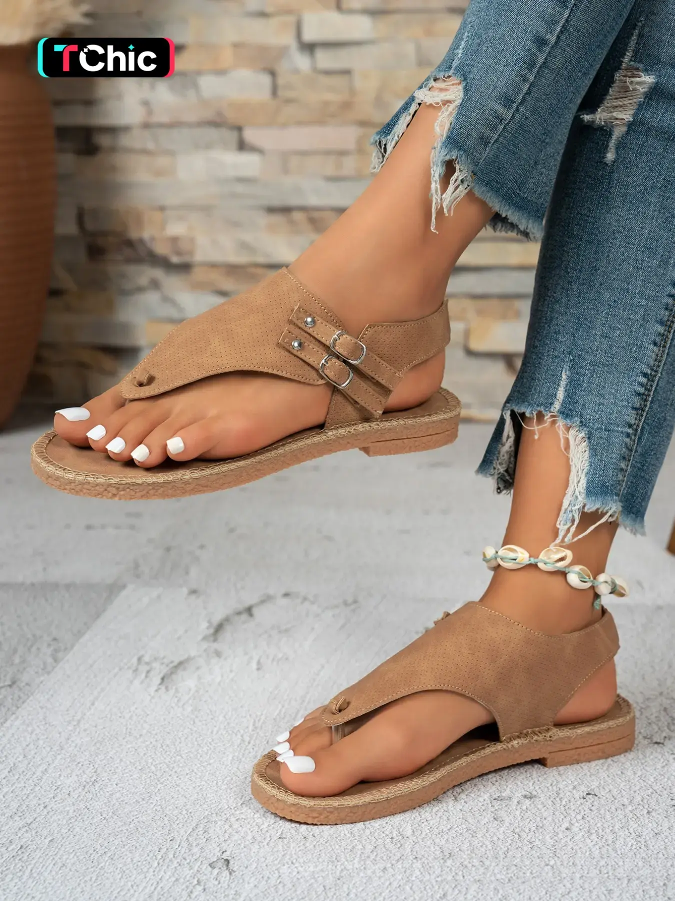 Vortread Women's Summer Boho Style Classic Flat Bohemian Sandals | PU Leather Comfortable Toe-Post Slingback Shoes with Double Buckle | Breathable Vintage Beach Slides | Casual Outdoor Lightweight Non-Slip Rubber Sandals