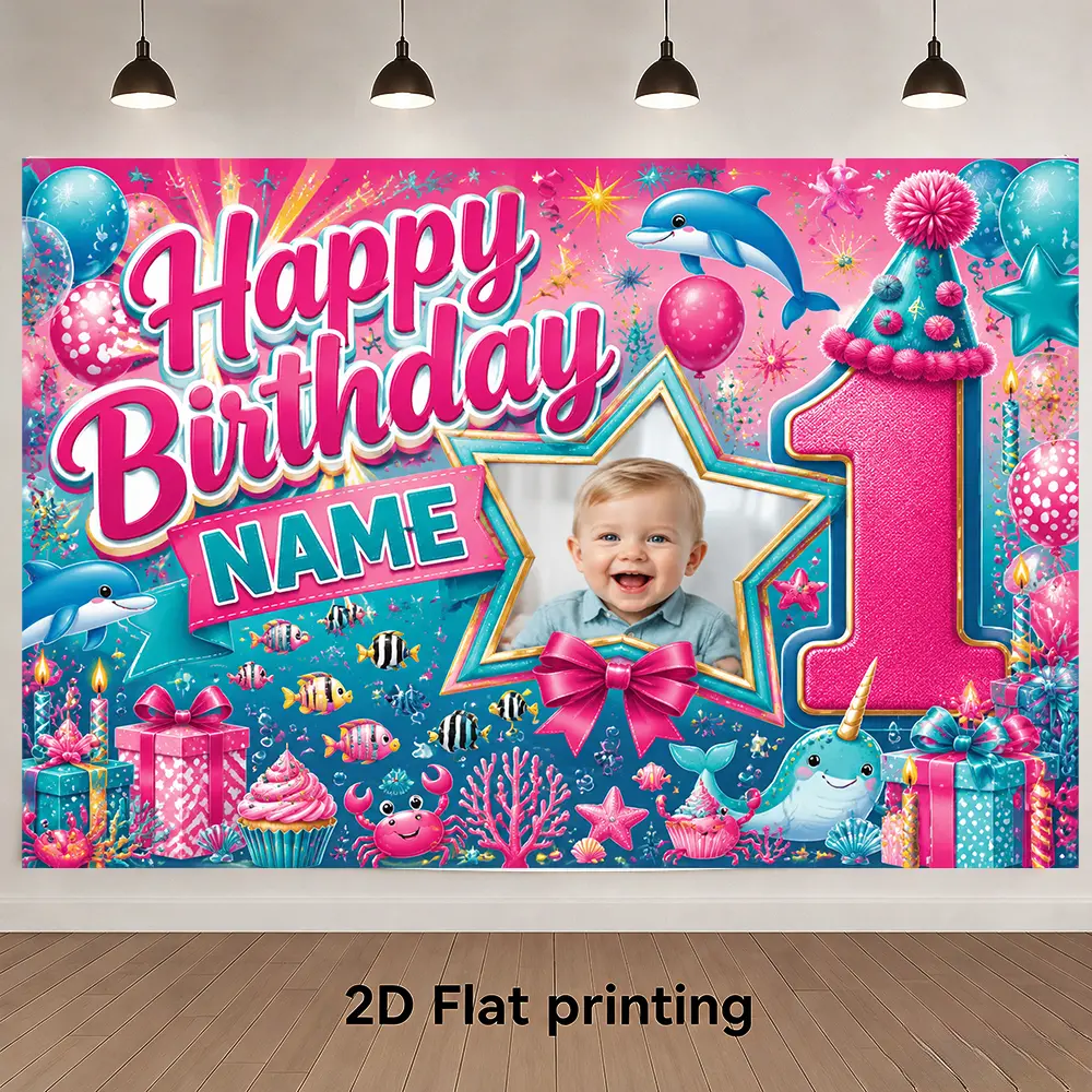 Personalized 1st Birthday Ocean Backdrop with Dolphins and Sea Animals, Custom Star Photo Name Pink Teal Birthday Banner, Undersea Party Decoration