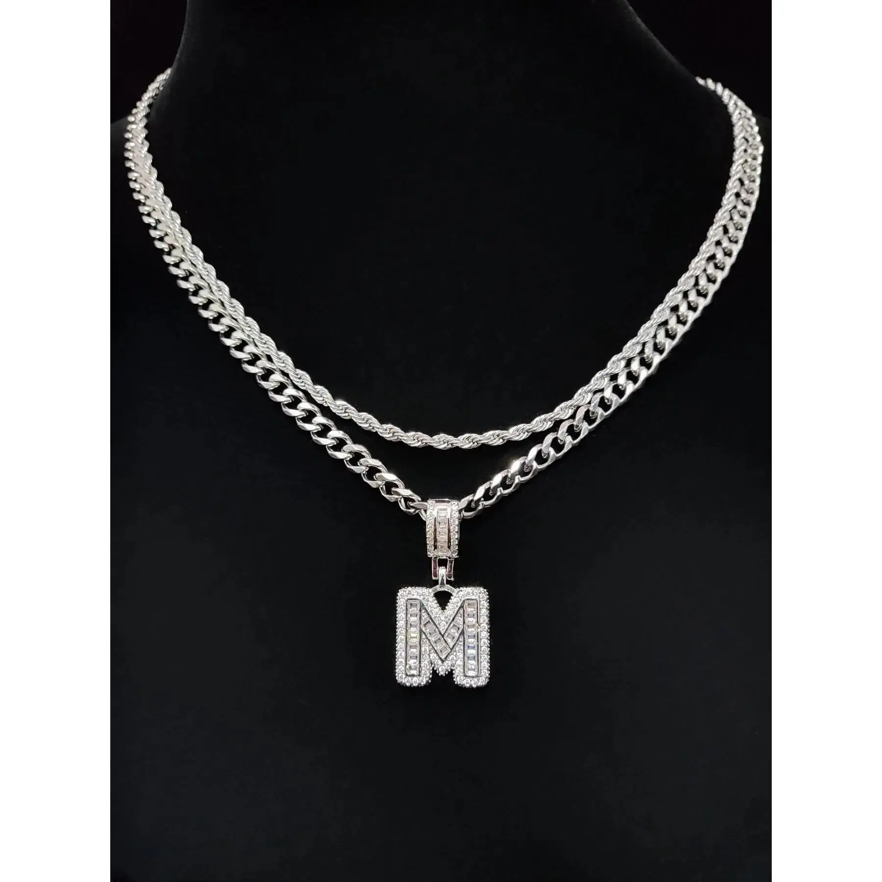 Double Layer Initial Necklace with Stainless Steel Cuban Link Chain, A-Z Letter Hip Hop Pendant for Party Wear