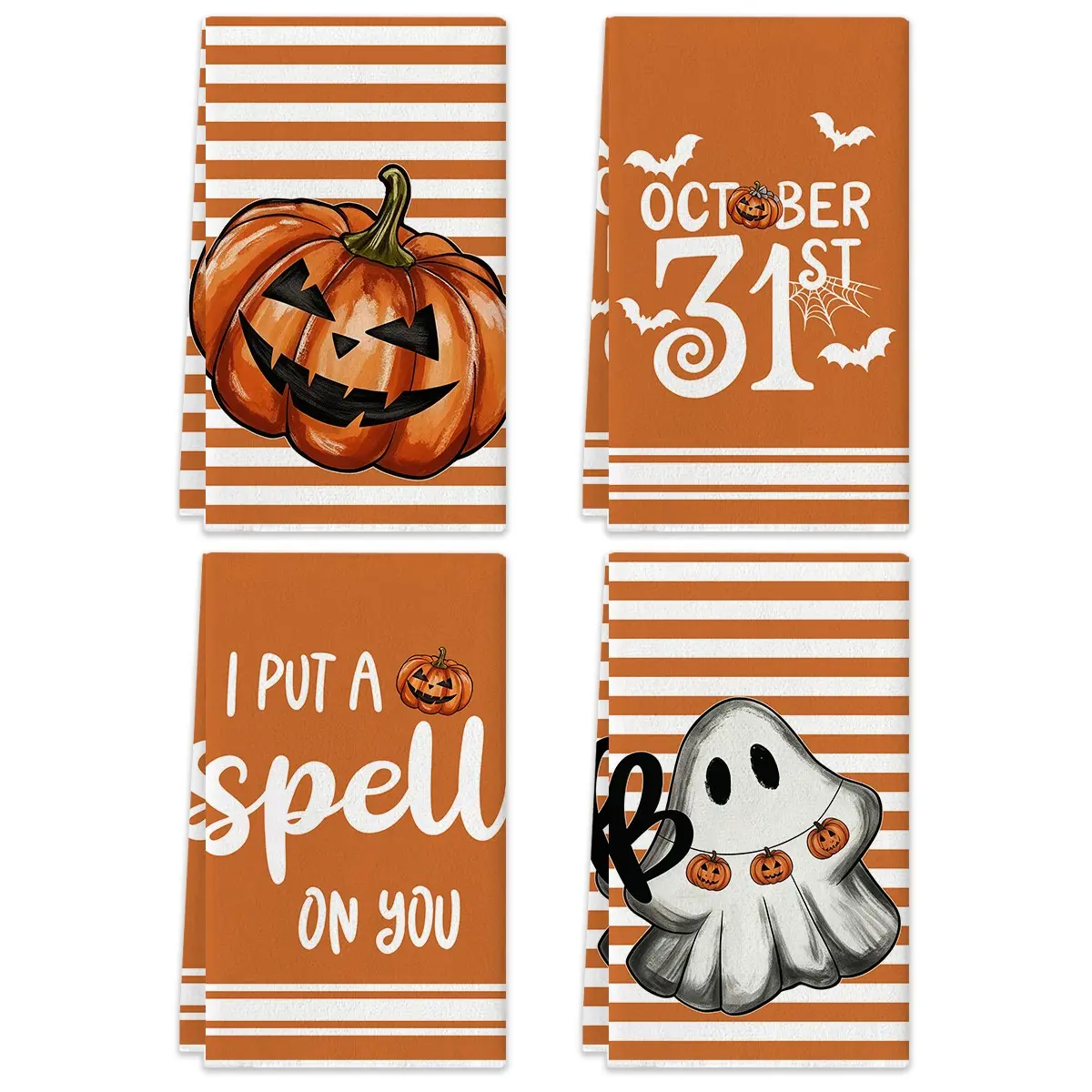 2/4pcs Halloween kitchen towels, retro orange pumpkin, bat, ghost, striped printed kitchen towel set, Halloween home and party decoration towels, 15.75x23.62-inch Halloween decoration handkerchief, kitchen multifunctional towel
