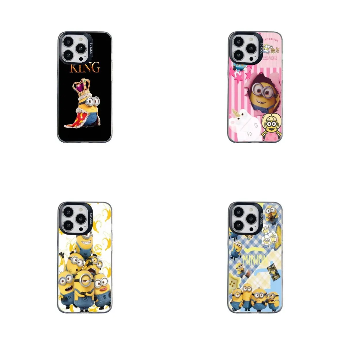 Cute, whimsical Minion-patterned iridescent silver phone case with a matte finish; compatible with iPhone 12–17 and Samsung S22–S26 series—a perfect gift choice.