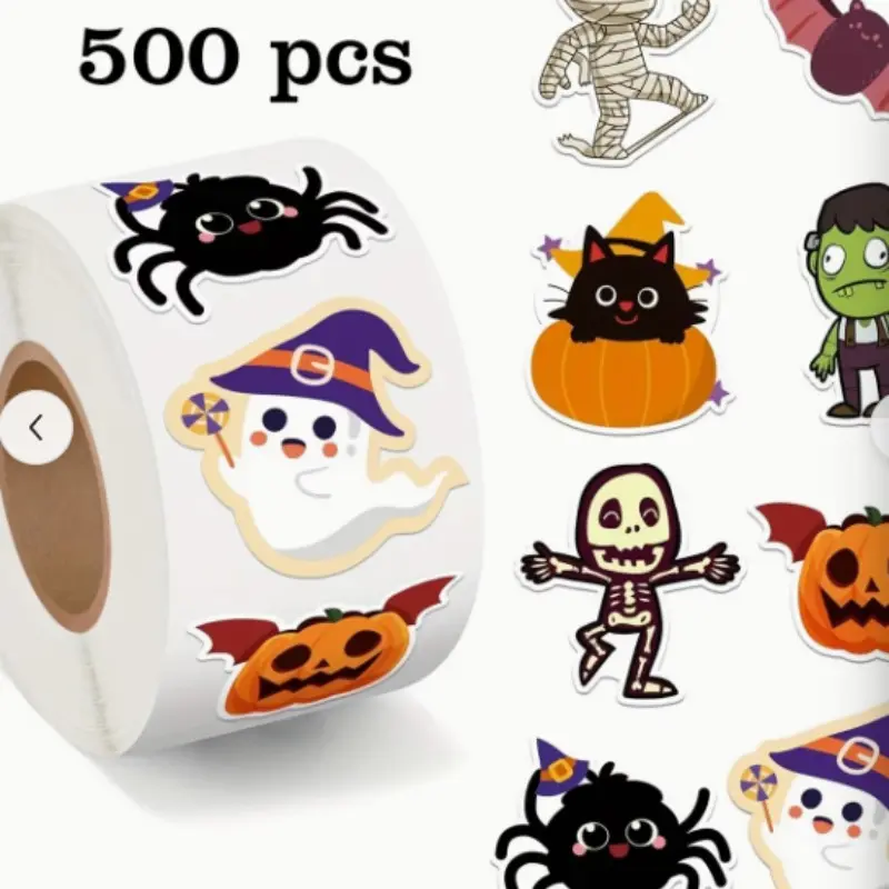 500 Halloween Cartoon Stickers, 1 Inch Irregular Shapes, 8 Designs, Office, School, Party, DIY Decor, PVC Seal Labels