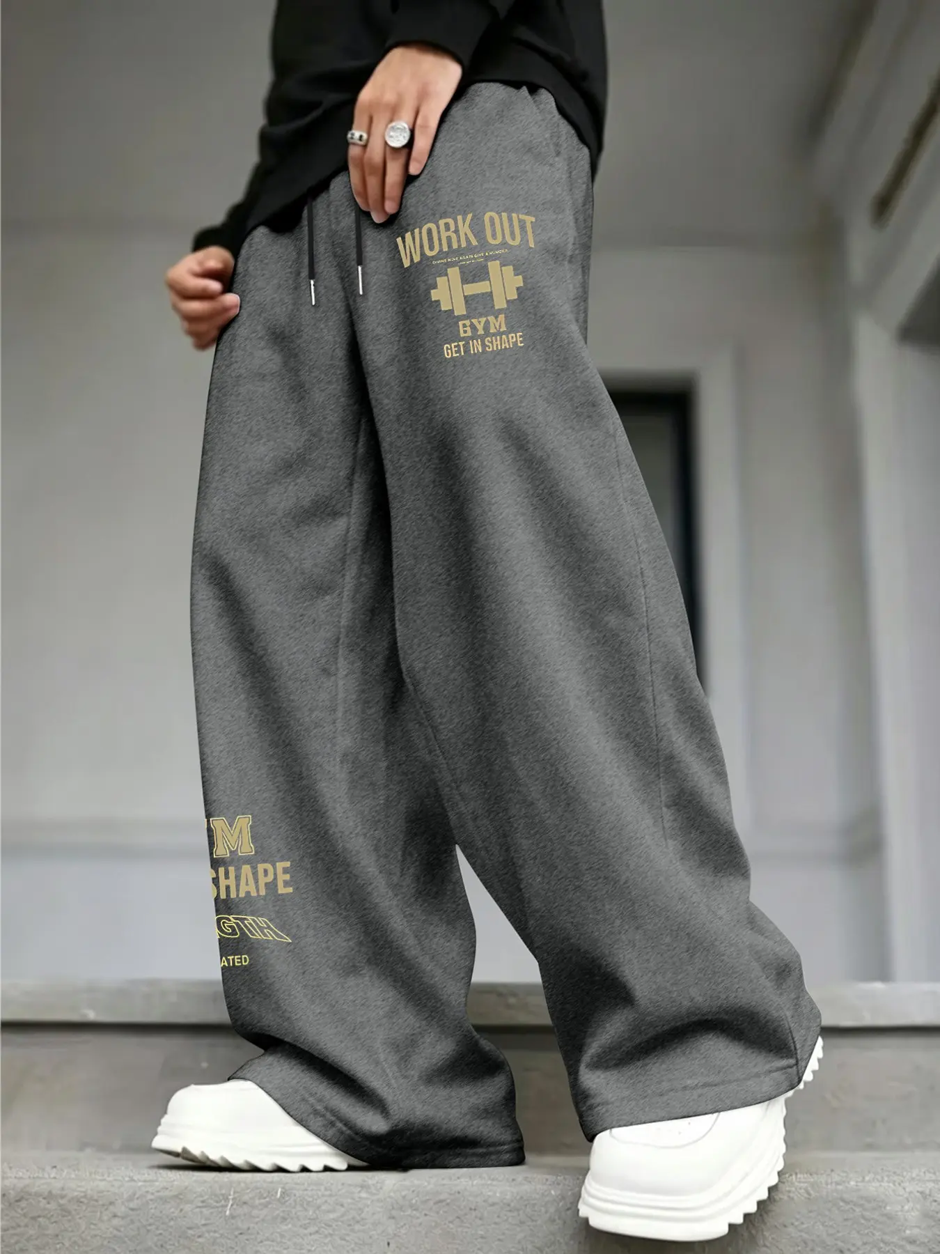 Men's Wide Leg Sweatpants, Casual Loose-Fitting Trousers, Fitness Theme Print, Drawstring Drop-Crotch Long Pants, High Street Fashion