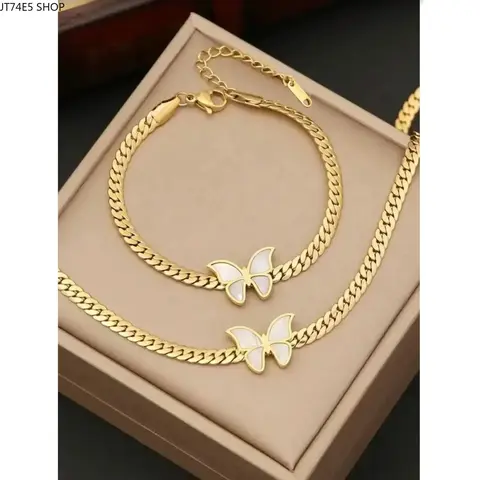 Women 2-Piece Butterfly Stainless Steel Jewelry Set, Gold Plated Necklace & Bracelet, Tarnish-Proof Elegant Fashion Accessory Perfect for Gifting