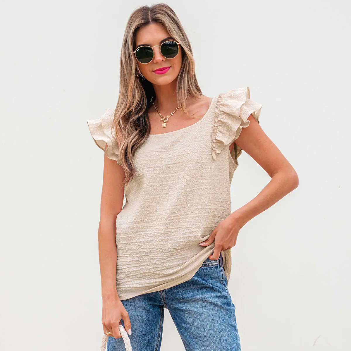 Beige Textured Butterfly Sleeve Blouse with Bow-Knot & Frill Details - Elegant Summer Casual Top