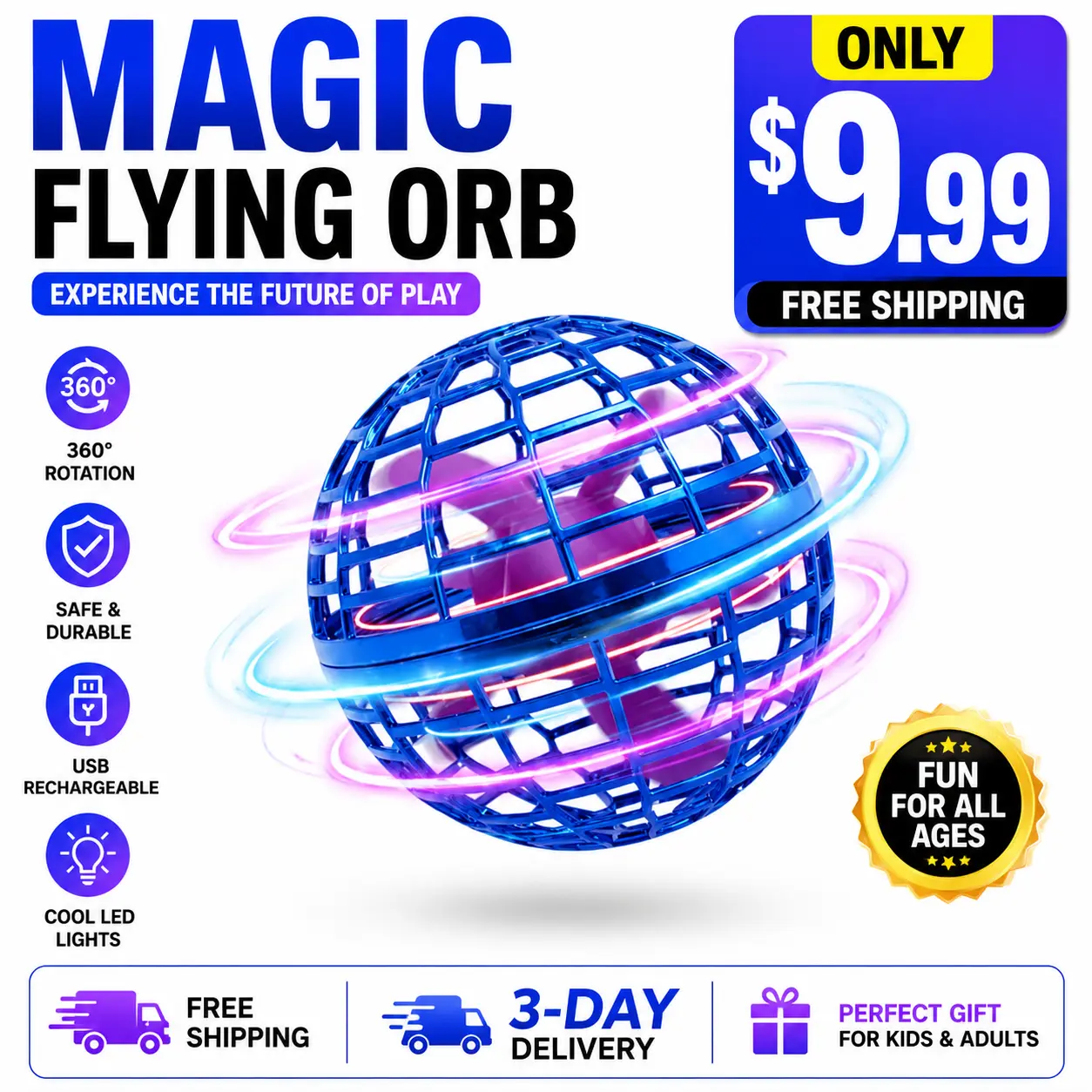 2026 Upgraded Unisex Spherical Flying Orb Ball - ABS Plastic Grid Sphere with Dazzling RGB Lighting, Cosmic Glow, Power Button, Magic Hover Spinner, Cool Boomerang Drone, Stress Relief Toy for 6-10+ Year Olds, Multiplayer Games Compatible Kids Gift
