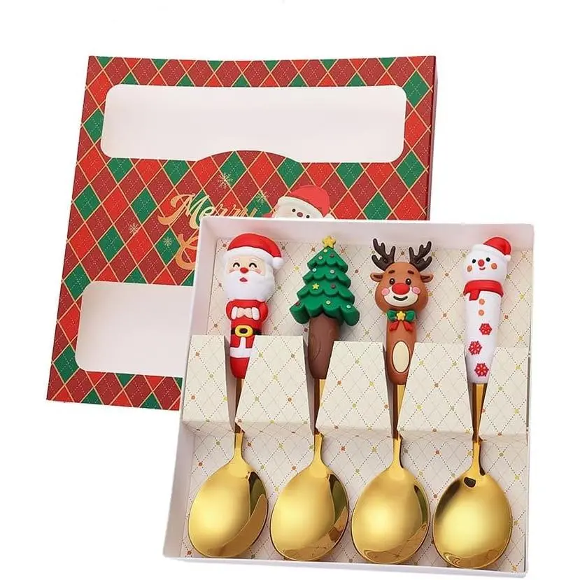 4 count Christmas Spoon Set - Stainless Steel Christmas Tree  for , Xmas Coffee,Dinner,Dessert,Stirring,Ice Cream Spoon Creative Tableware