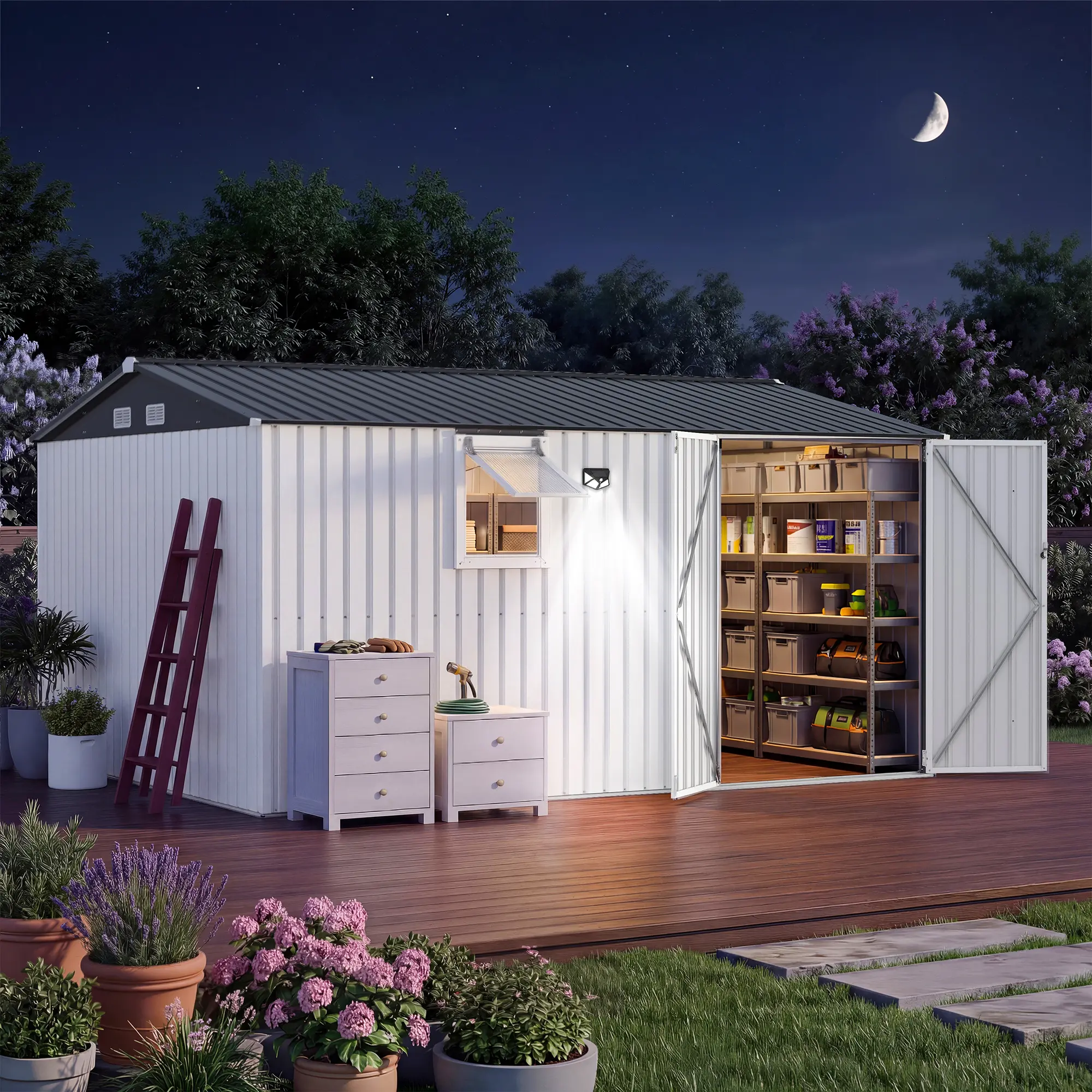 10x8 Metal Frame Outdoor Workshop Shed - Walk-In Garden Studio for DIY Users with Push Window, Pegboard, 15 Wall Hooks, 3-Mode Solar Outdoor Lights, Heavy-Duty Tool Storage Building for Mower Tools