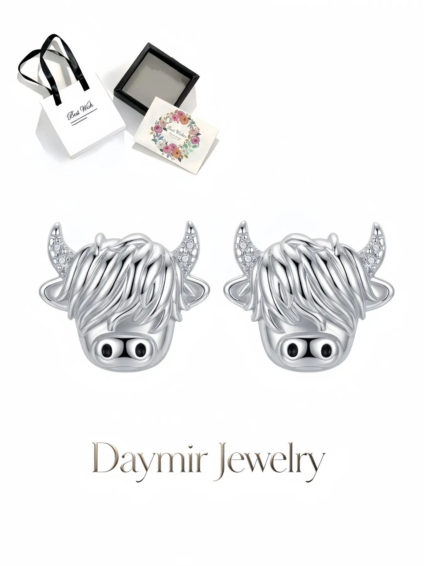 Highland Cow Horn Diamond Studs, original stylish earrings with S925 silver pins for women. Packaged in an elegant drawer jewelry box, lovely gifts for birthdays, Mother’s Day, Valentine’s Day, Christmas and anniversaries.