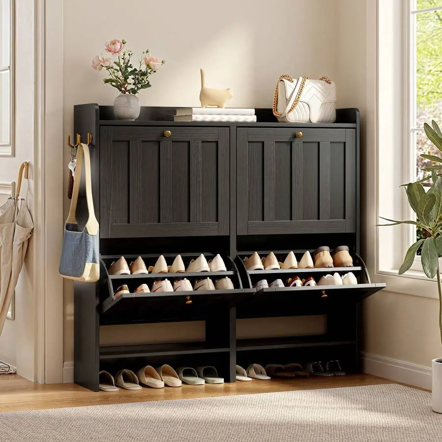 Black Farmhouse 4-Flip-Drawer Narrow Freestanding Shoe Storage Cabinet - MDF Wood Minimalist Indoor Cupboard with Hidden Shelves for Entryway, Hallway Shoes, Shelf, Anti-Tip Safe, Hidden Entry