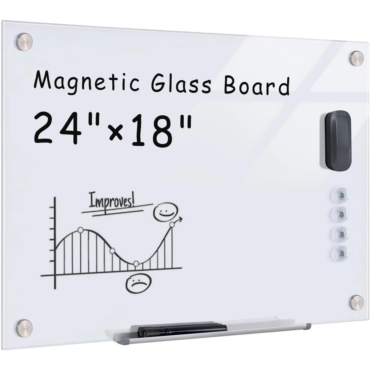 Glass Whiteboard,24"x18" Wall Mounted Frameless Dry Erase Board for Office,  & School Ultra White