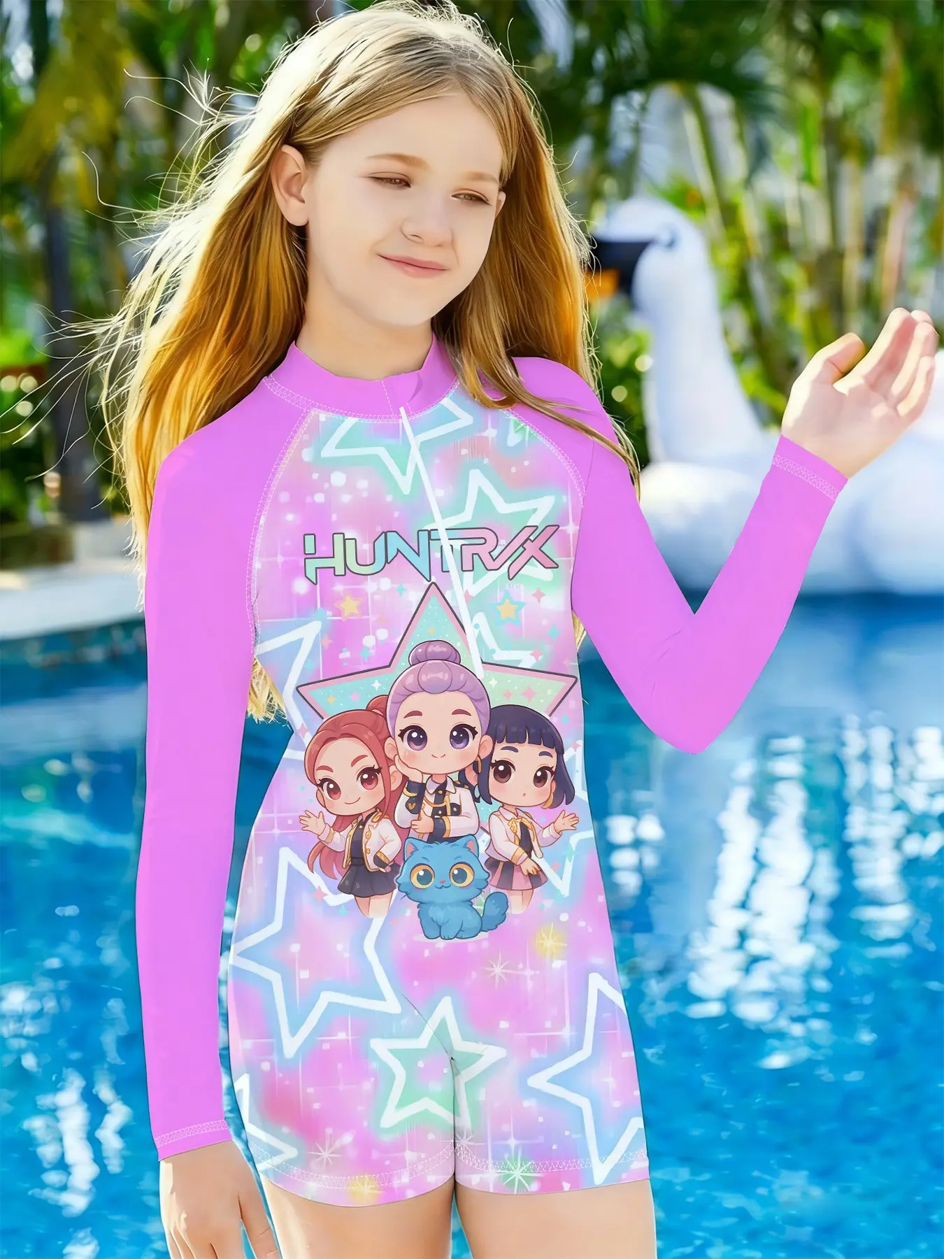 Girls' Cartoon Character Long Sleeve Jumpsuit, Star Sun Protection Surfing Suit, Summer Beach Vacation Water Sports Gear, Swimsuits