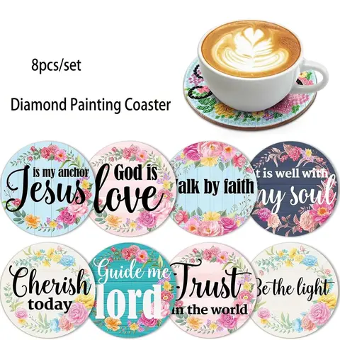 8-Piece Diamond Painting Set with Stand, Creative Letter Theme Coaster Set, Sparkling Diamond Art Wooden Mosaic Handmade Kit, Diamond Painting Kits, Diy Supplies, Crafts
