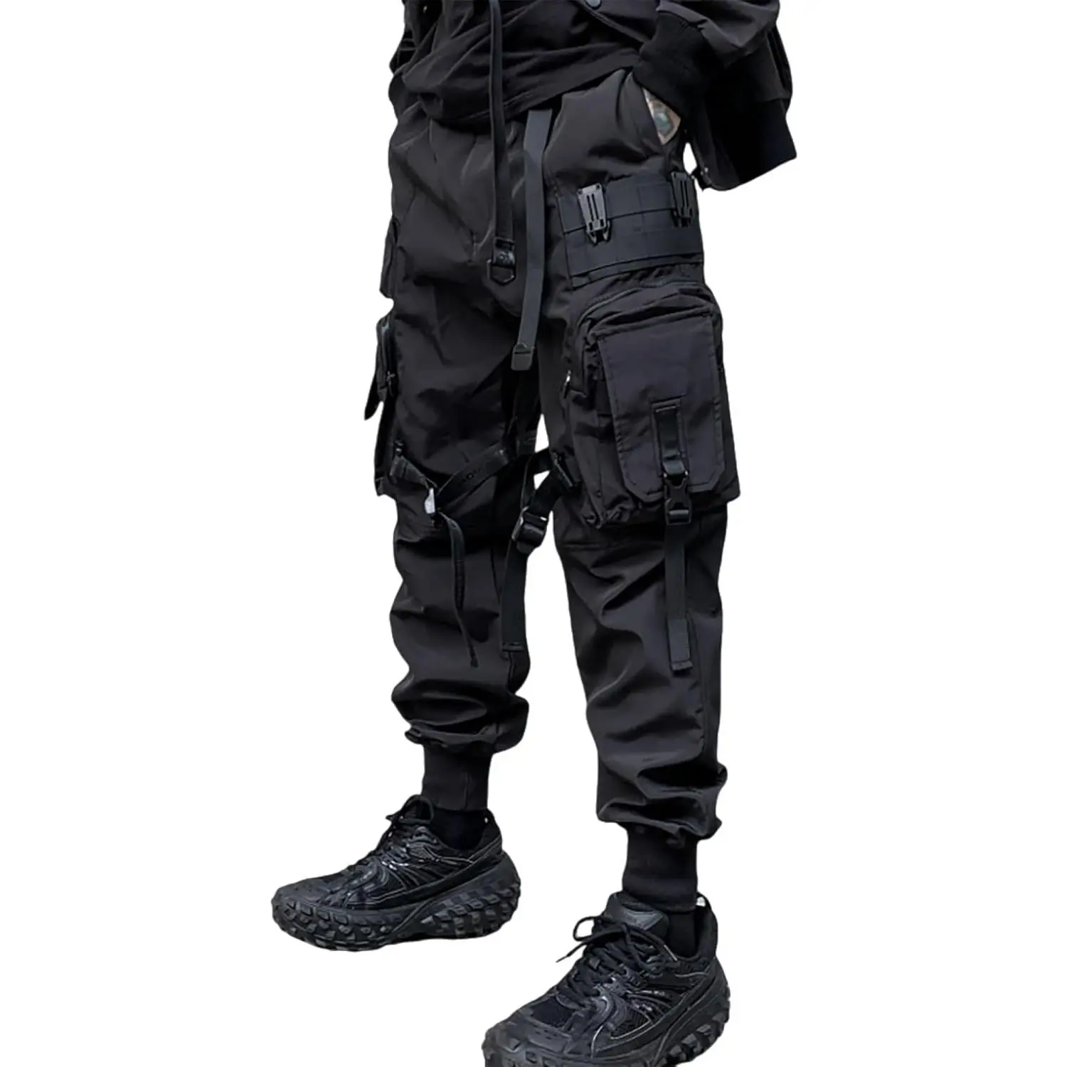 Men's Polyester Cargo Pants - Functional Paratrooper Tactical Techwear with Pockets, Menswear for Punk Streetwear Goth Styles, Fabric, Belt