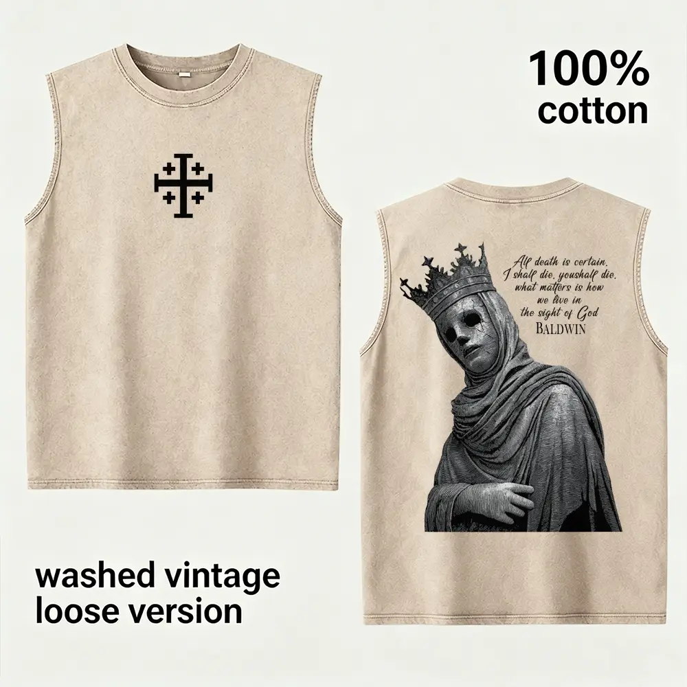 Baldwin IV The Leper King Crusader Jerusalem Cross Vintage Washed Graphic Vest Tank Top Hoodie Mens Oversized Vest Medieval Christian Streetwear Gothic Faith Based Apparel JesusOutfit