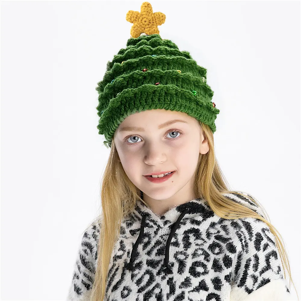 Christmas Tree Knitted Beanie Hat with Star Topper, Warm Winter Parent-Child Matching Cap for Adults & Kids, Holiday Party Gift Accessory Masks