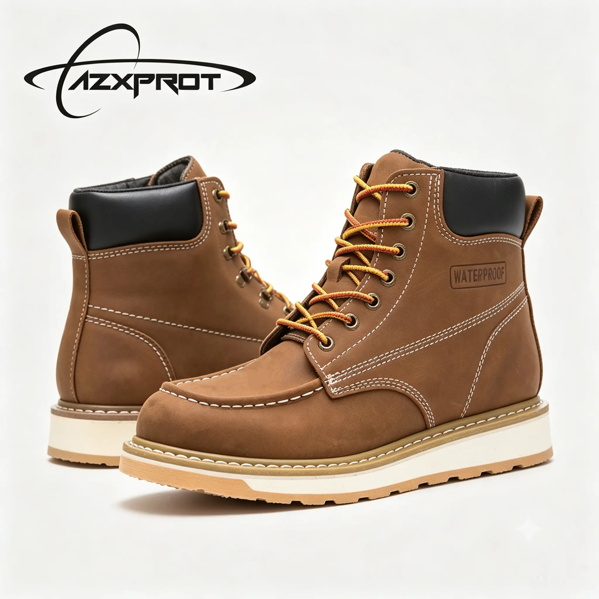 AZXPROT Men's Waterproof Leather Work Boots - Durable Non-Slip, Lightweight Wedge Sole, Soft Cushioned Insole, Comfortable Fit for Construction, Hiking, Casual Daily Use Boy Shoe Closed Footwear Walking Shoes Walking Shoes Decor Fashion Rubber Bota Design