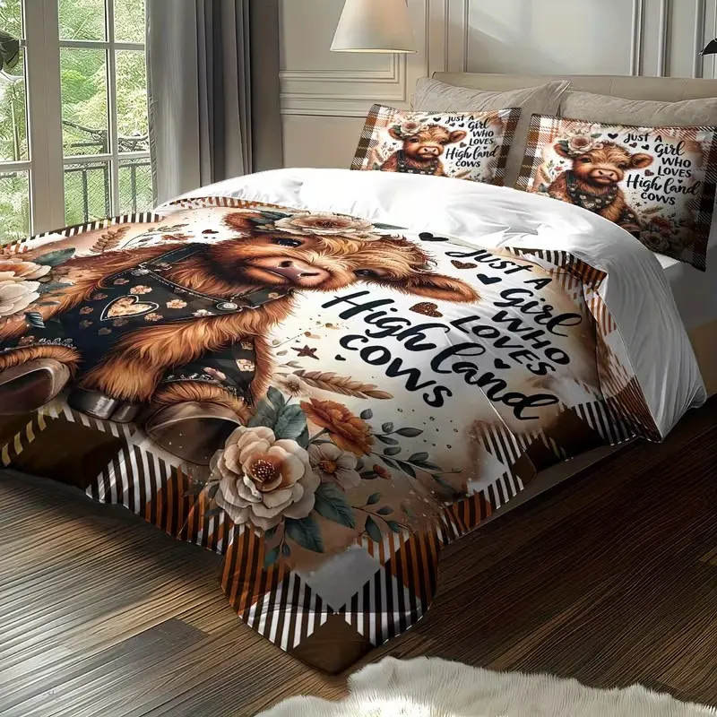Cute Farm Highland Cow Quilt Set, Includes 1 Fitted Sheet and 2 Pillowcases, Comfortable Sleep, Bedroom Decor, Perfect Gift for Animal Lovers