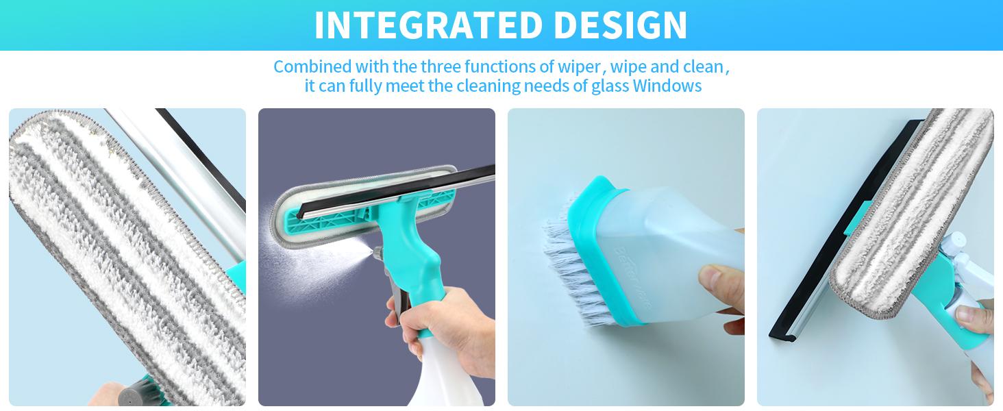 Window Cleaning Tool with Spray Bottle 4-in-1 Set Multi-Purpose Rubber Squeegee and Microfiber Cleaning Head for Dirty Indoor Glass Cleaner