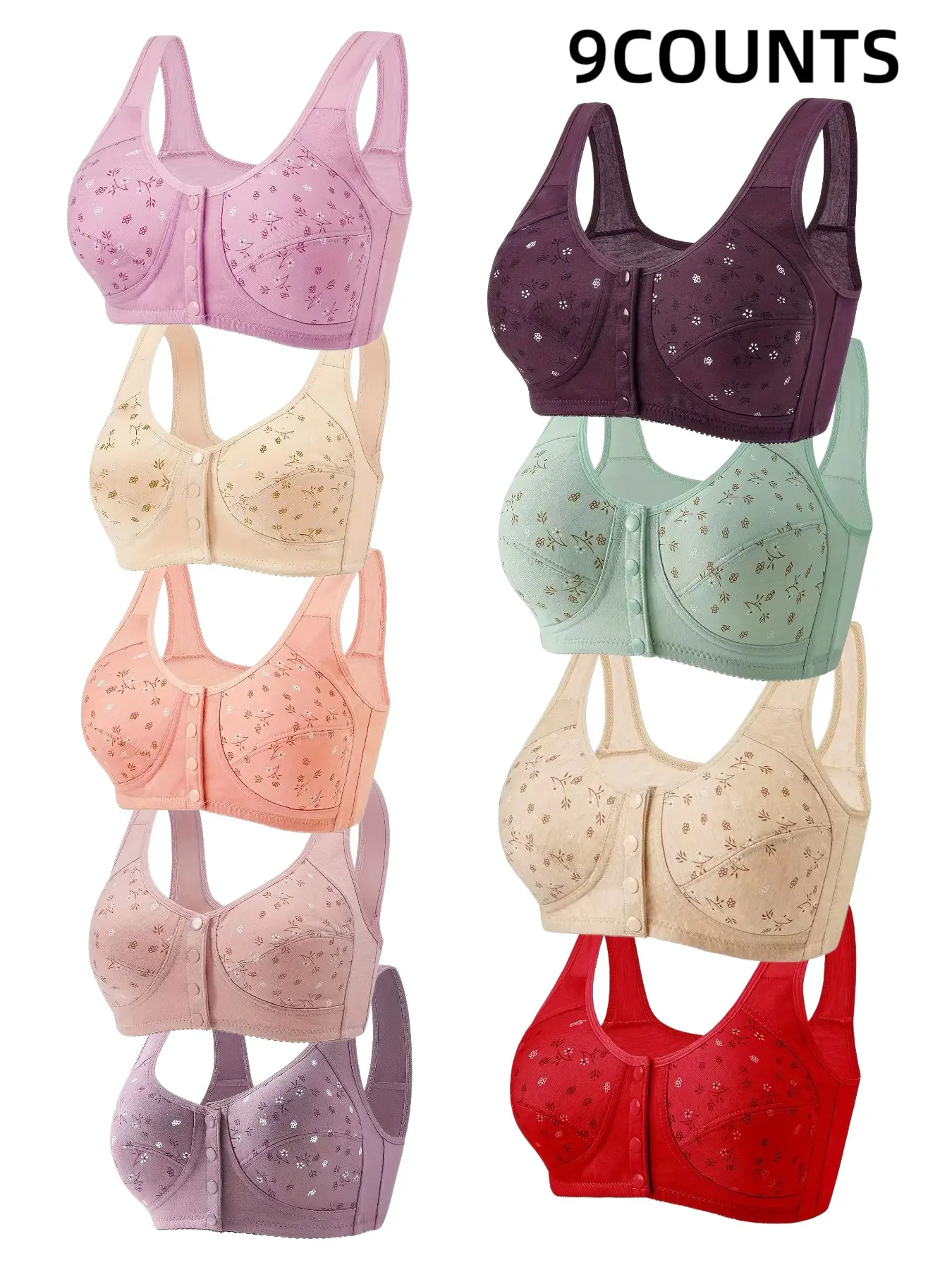 9-Pack Women's Underwear Wire-Free Front Buckle Bra, Seamless Comfort Fit, Elegant Everyday Wear Underwire Free Bra, Breathable Soft Fabric, Full Day Support
