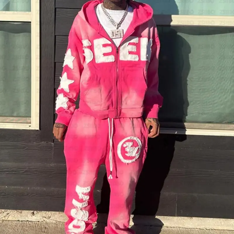 Autumn Winter Vintage High Street Y2K Letter Sticker Embroidery Casual Loose Hoodie Coat Straight Leg Pants Men Women Clothing