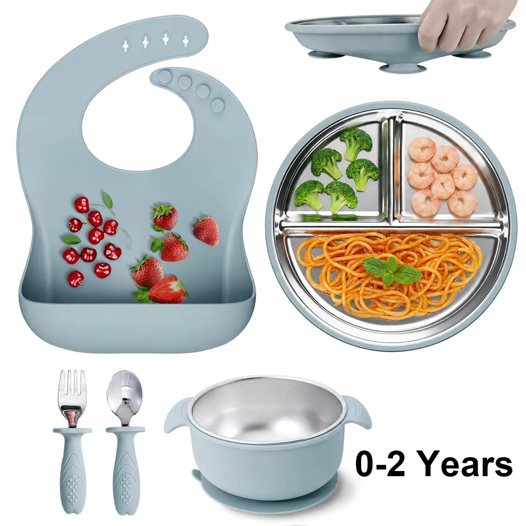5PCS Baby Feeding Set, Baby Led Weaning Supplies for Toddler Utensils, Non-Slip Toddler Baby Feeding Set Dishwasher Safe, Include Silicone Divided Suction Plate, Baby Bowls, Silicone Fork & Spoon, and More, First Stage Baby Dish Set, 0-2 Years