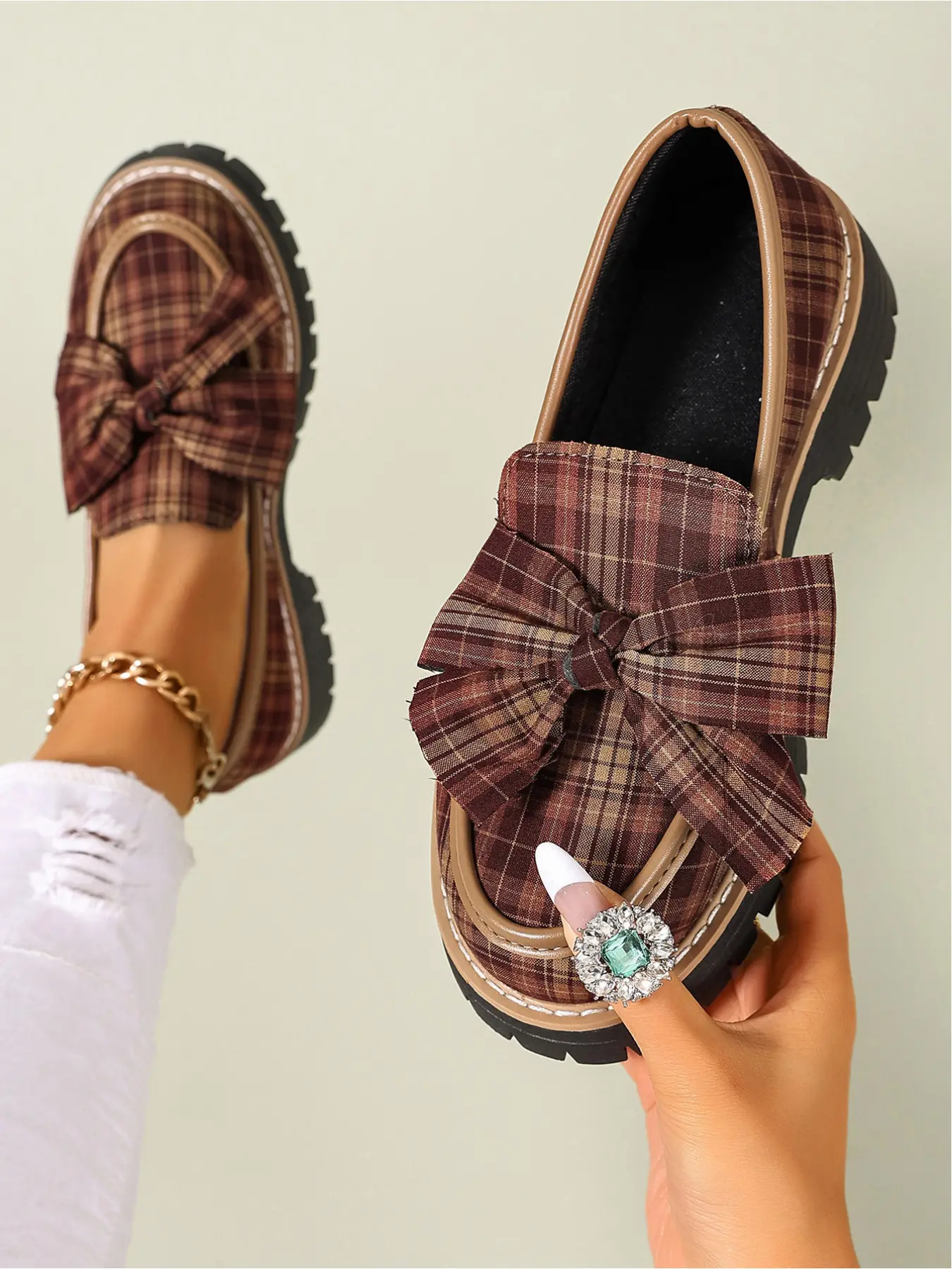 Preppy Style Tartan Check Bow Decor Platform Loafers for Women Lug Sole Slip On Comfort Daily Walking Shoes Brown Green Plaid Available