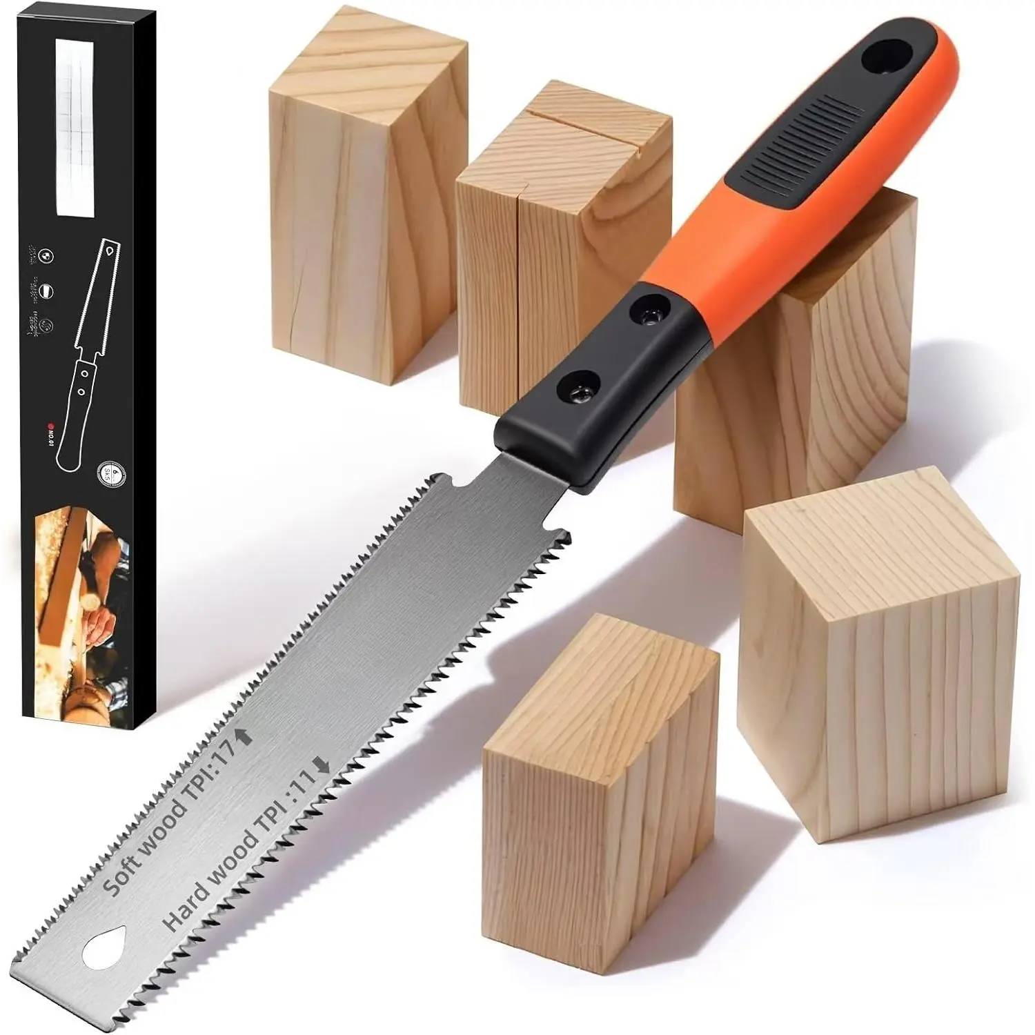Japanese Hand Saw for Woodworkers, 6-Inches SK5 Steel Flexible Double-Edge Pull Saw, 11/17 TPI Blade with Soft Grip Handle for Hardwoods Woodworking New Model, Flexible Blade