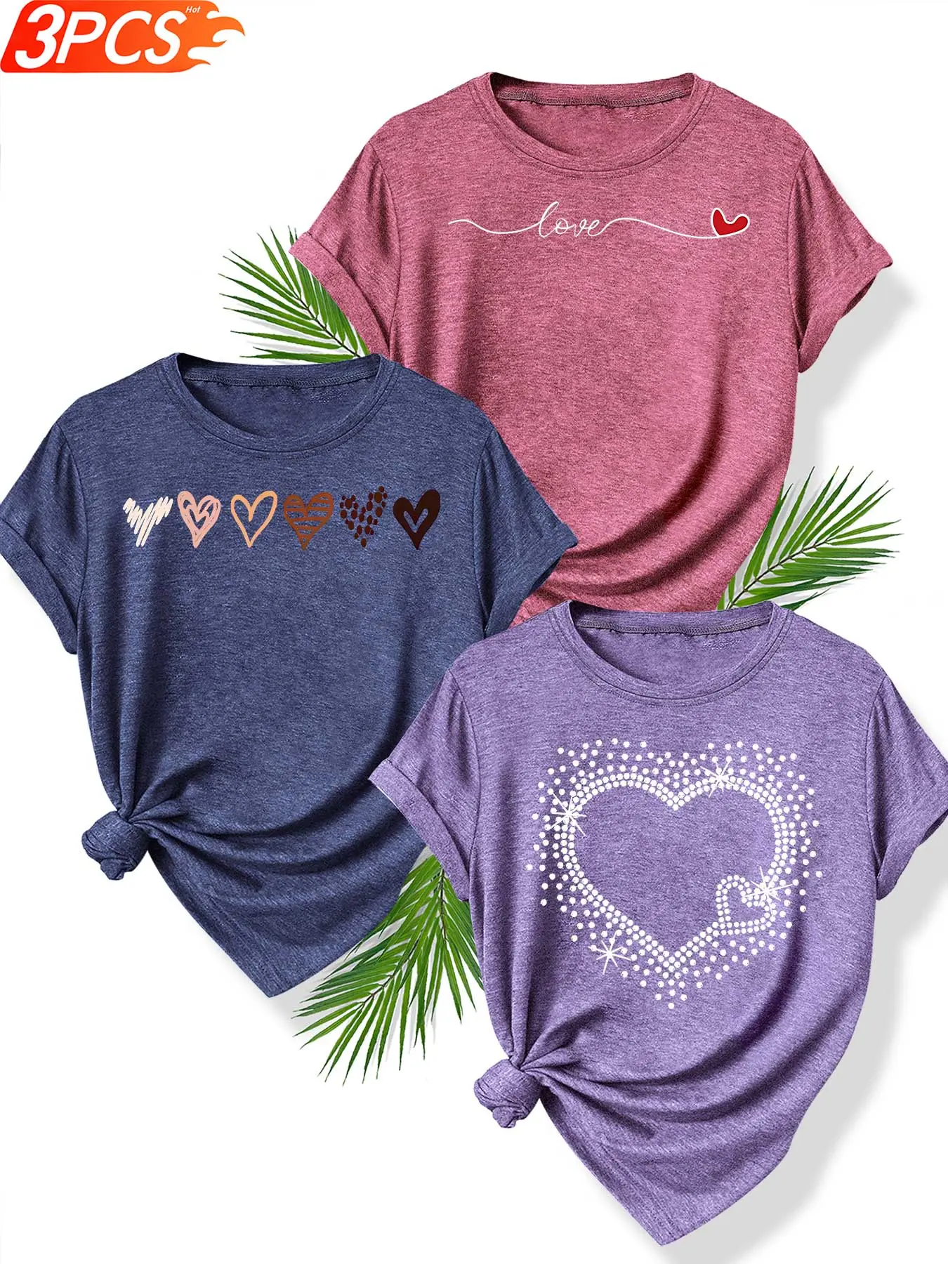 3Pcs Women Crew Neck T-Shirt, Cute Edgy Varied Gradient Hearts with Handwritten Love Slogan Prints, Multi-color Washable Spring Summer Top, Soft Skin-friendly Fabric Daily Versatile Casual Fashion Design