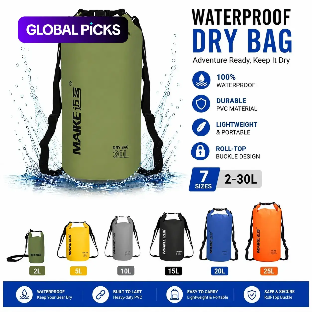Outdoor Sport Waterproof Dry Bag with Roll-Top Seal, Boating Accessory, 2L/5L/10L/15L/20L/25L/30L Multi-Colors, Durable Fabric Travel Bag for Swimming, Beach, Rowing and Hiking #GLOBAL PICKS