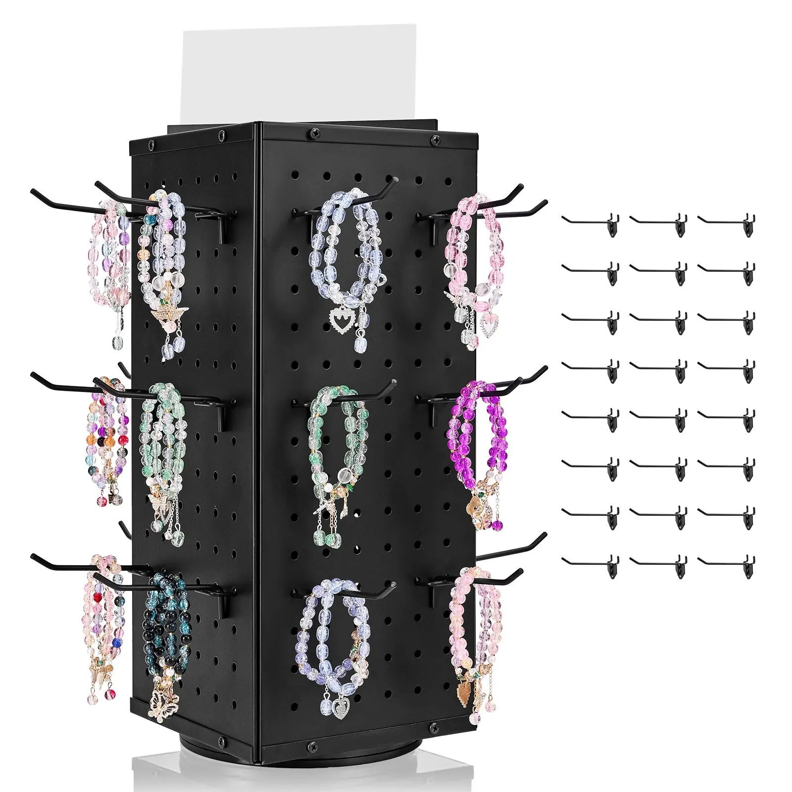 Rotating Pegboard Display Stand, 7.4x 7.4x 17 in 4-Sided Spinning Peg Board Display with 24 Hooks, Thickened Cold-Rolled Steel Craft Rack Organizer for Grocery Retail Store Jewelry Shop, Black