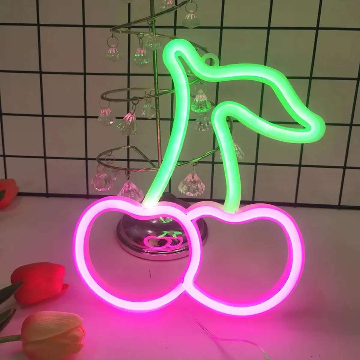 Lune Cove Cute Cherry Neon LED Logo Lights - Flexible ABS, USB/Battery Powered, 71" Cable - Home & Festive Halloween Party Decor for Bedrooms, Porches