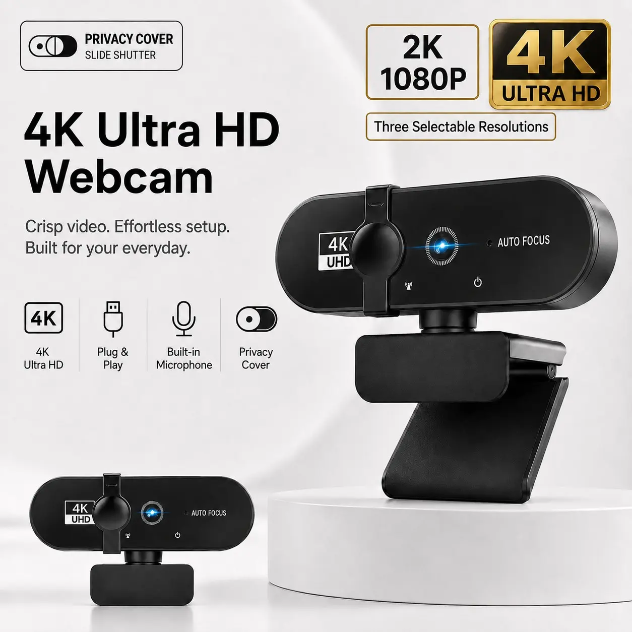 4K/2k/1080P Network Camera with Microphone Privacy Cover Wide-Angle View USB Plug and Play for PC and Laptop Supports Zoom, Microsoft Teams, streaming webcam, USB Computer Webcam, Laptop Cameras