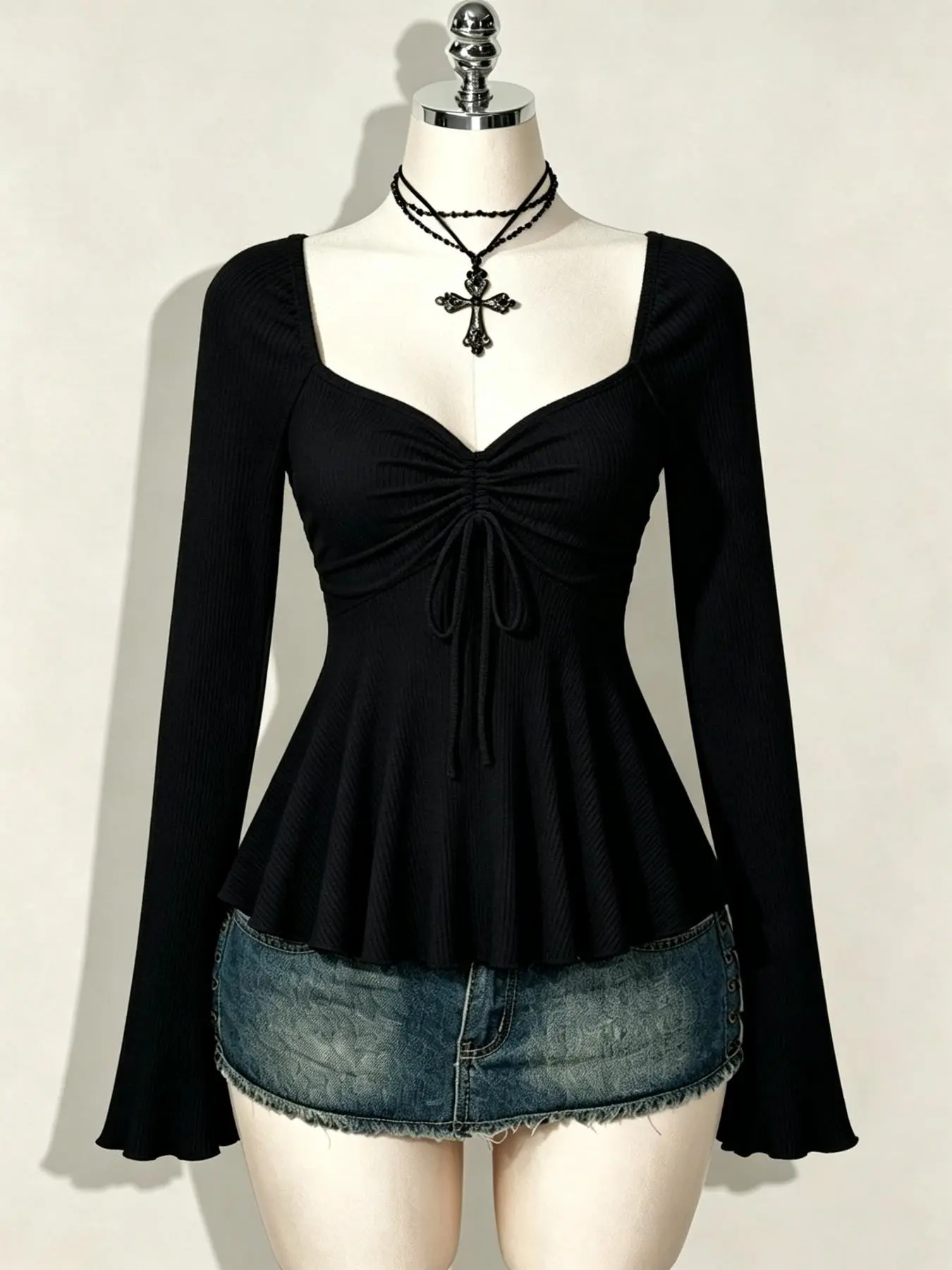 Women's Plus Size V-Neck Drawstring Hem Long Sleeve Top, Stretchy Slim Fit Casual Shirt, Hidden Belly Design for Micro-Belly Wear