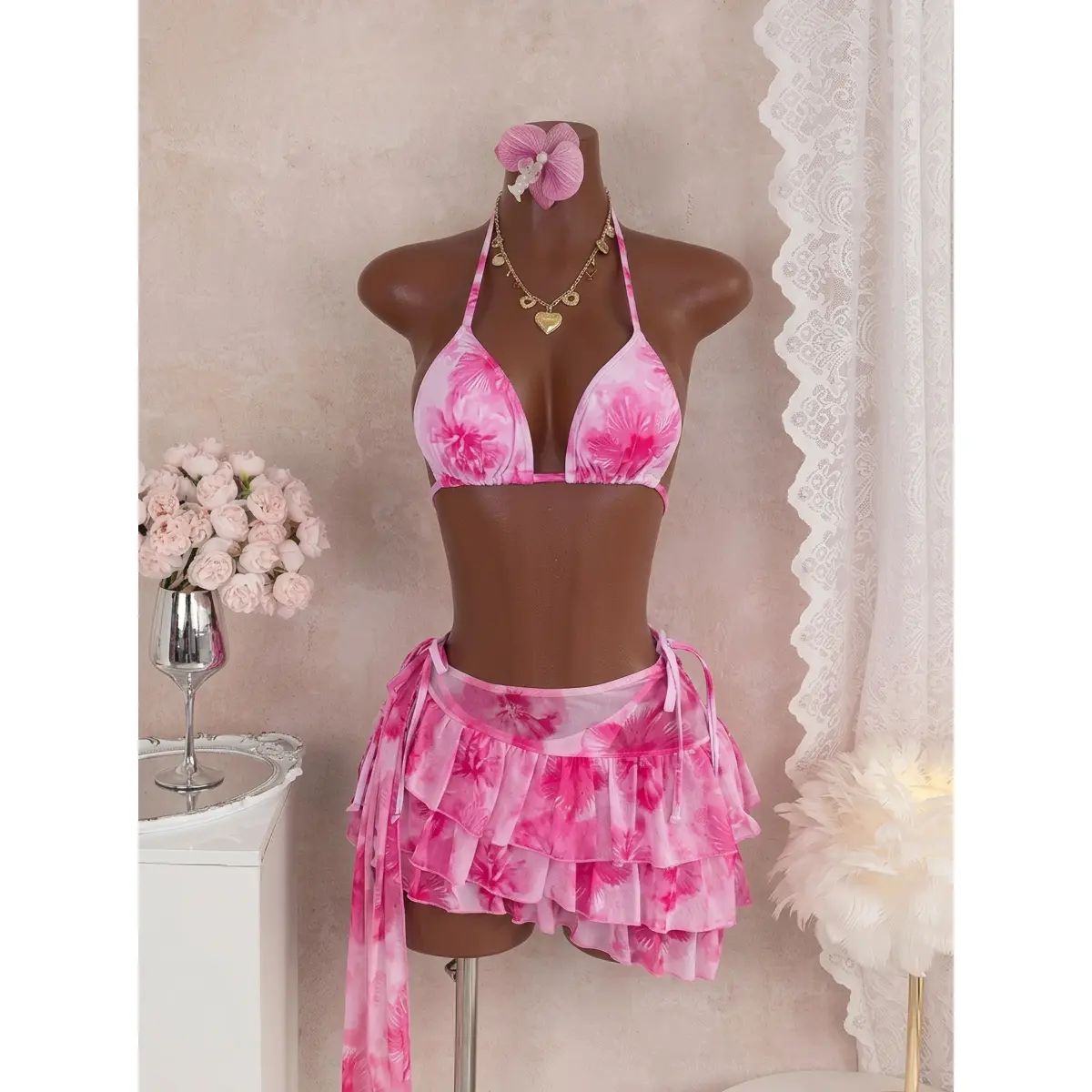 Women's Trend Three-Piece Swimsuit Set, Stylish Swimwear, Fashion Swimwear Sets, Floral Print Bikinis, Comfortable & Trendy Bathing Suit for Women, Perfect for Pool & Beach, Bikini Set, Summer Swimsuit Set, Floral Print Swimsuits, Swimsuit Style Bikini